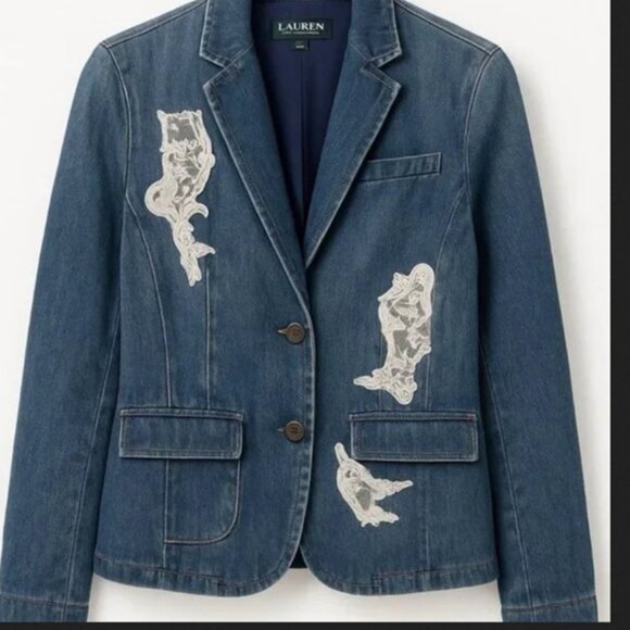 NWT Lauren Ralph Lauren Lace Patchwork Denim Indigo Button Blazer 10 - Picture 1 of 3